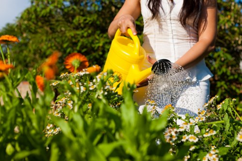 A woman in a white dress is watering a well-maintained garden with a yellow watering can, surrounded by vibrant flower beds and lush green foliage. The garden features a neatly edged lawn area in the foreground, with a variety of flowering plants including orange and white blooms visible among the dense greenery. In the background, there are tall trees and shrubs that create a natural backdrop under bright, clear weather conditions. The scene depicts a tidy, landscaped outdoor space typical of residential gardens managed by professional gardening services like those offered by Landscapers Fitzrovia. The lighting suggests a sunny day, highlighting the healthy, thriving plants and the overall well-kept appearance of the garden, ideal for outdoor relaxation or lively garden maintenance activities.